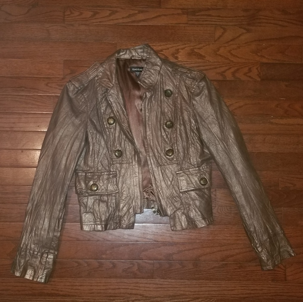 Bebe leather distressed military style jacket